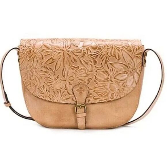 Patricia Nash Tan‎ Leather Rosolini Floral Tooled Buckle Crossbody Saddle Bag - Picture 9 of 9